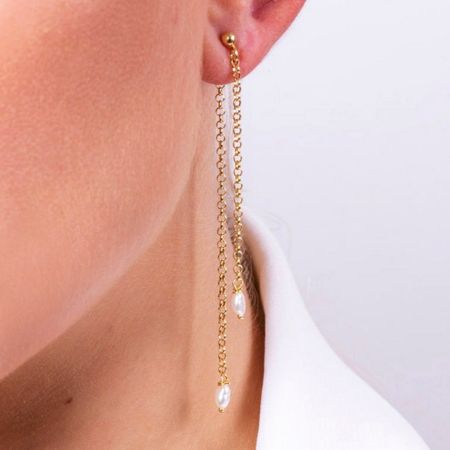 Gold Chain Freshwater Pearl Long Dangle Earrings